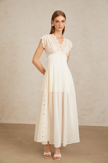 Lumière White Embroidered Shirred Maxi Dress