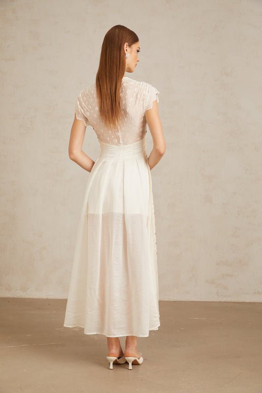 Lumière White Embroidered Shirred Maxi Dress