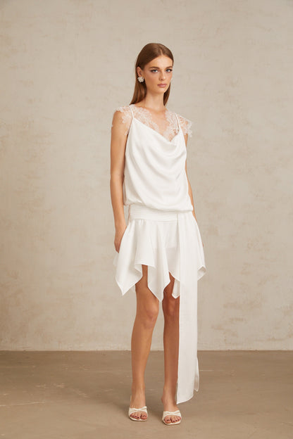 Thérèse White Draped Lace Panel Mini Dress