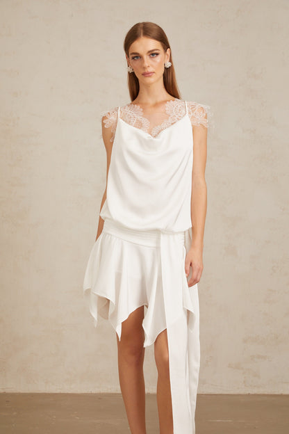 Thérèse White Draped Lace Panel Mini Dress