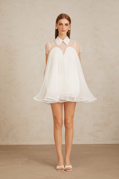 Dagny White Creased Tulle Mini Dress