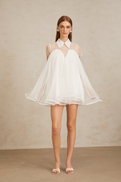 Dagny White Creased Tulle Mini Dress