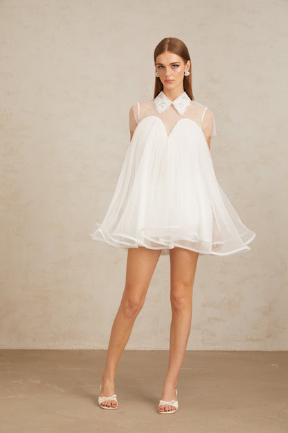Dagny White Creased Tulle Mini Dress