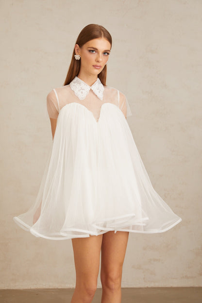 Dagny White Creased Tulle Mini Dress