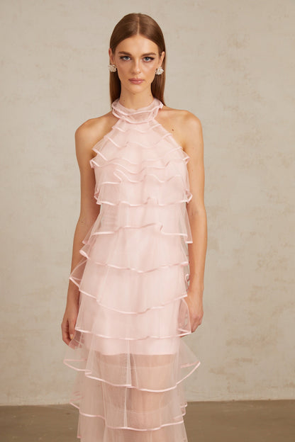 Nonchalante Pink Tiered Halterneck Maxi Dress