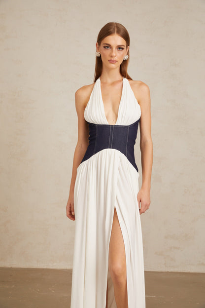 Airi White Halterneck Denim Panel Maxi Dress