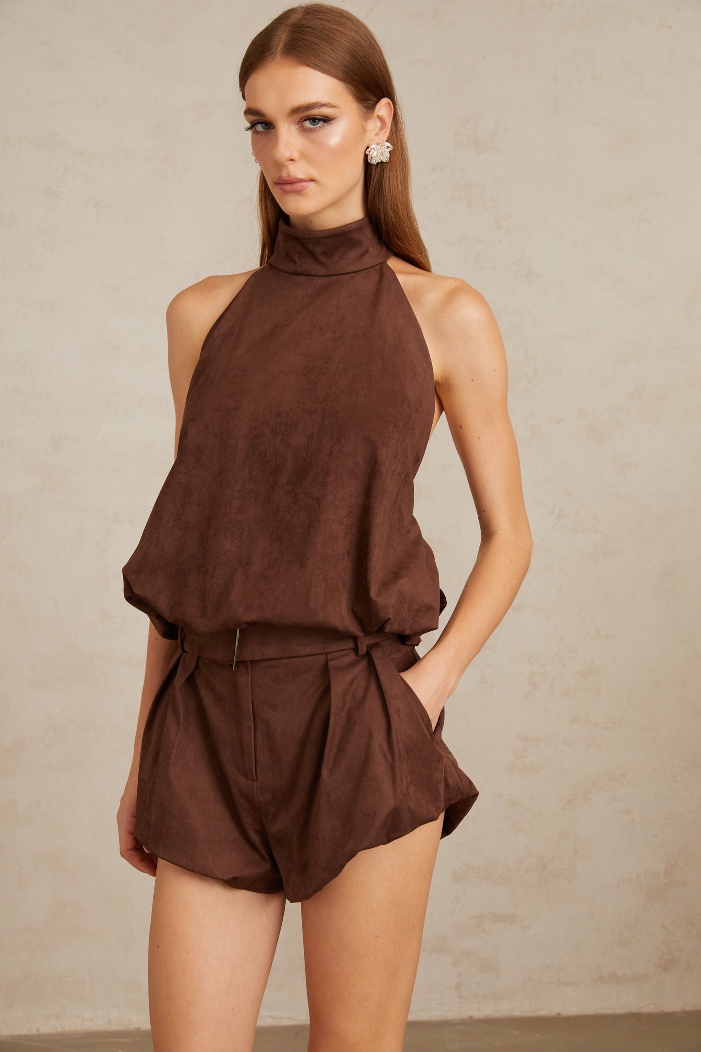 Chaney Brown Suede Bubble Hem Top & Shorts Set