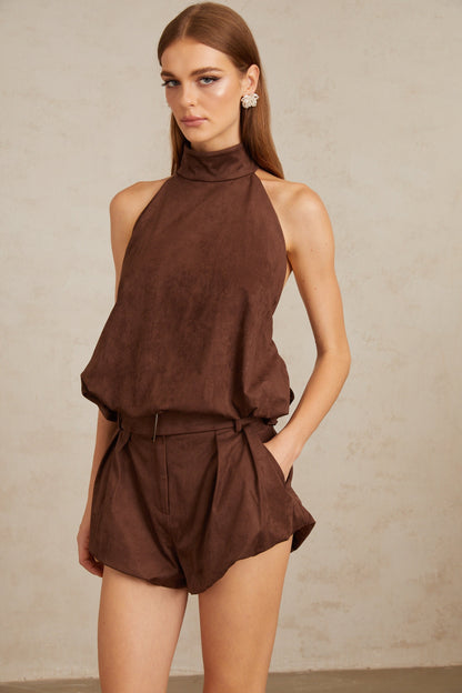 Chaney Brown Suede Bubble Hem Top & Shorts Set