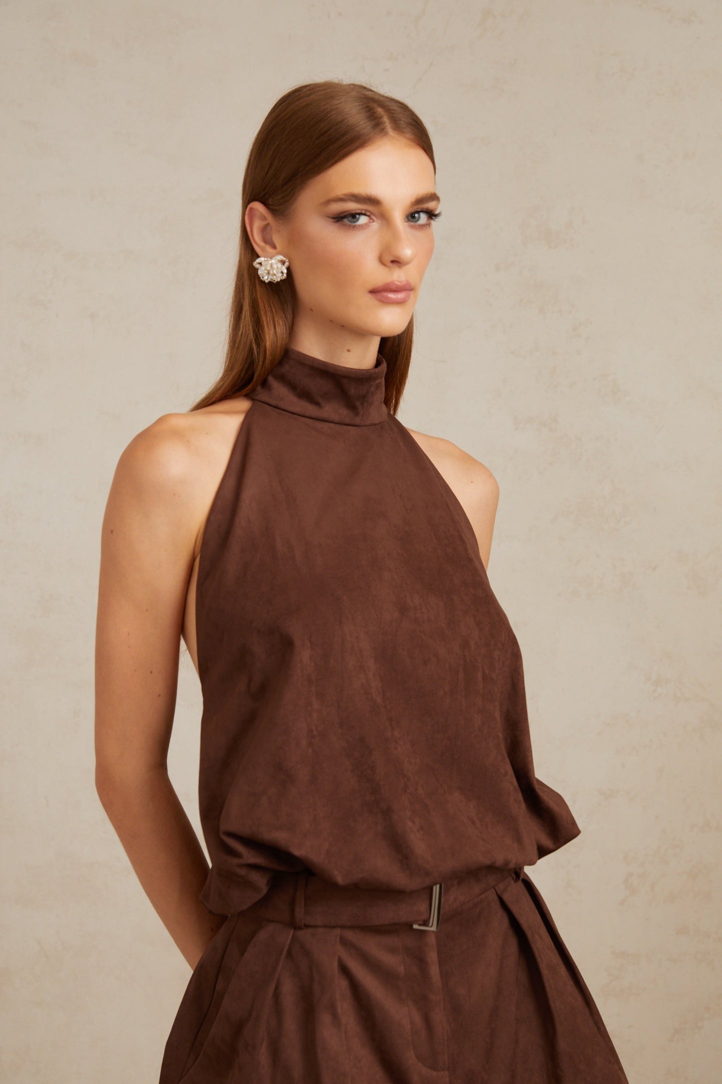 Chaney Brown Suede Bubble Hem Top & Shorts Set