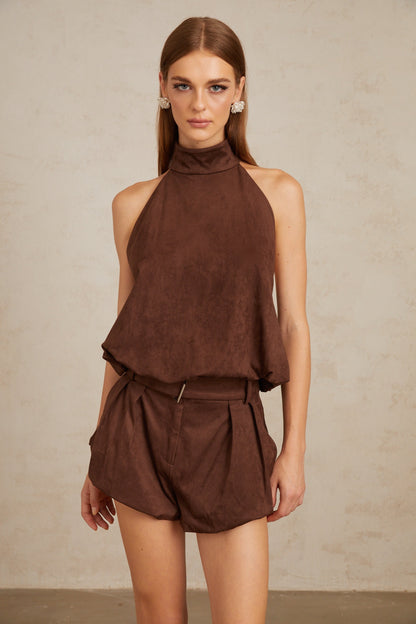 Chaney Brown Suede Bubble Hem Top & Shorts Set