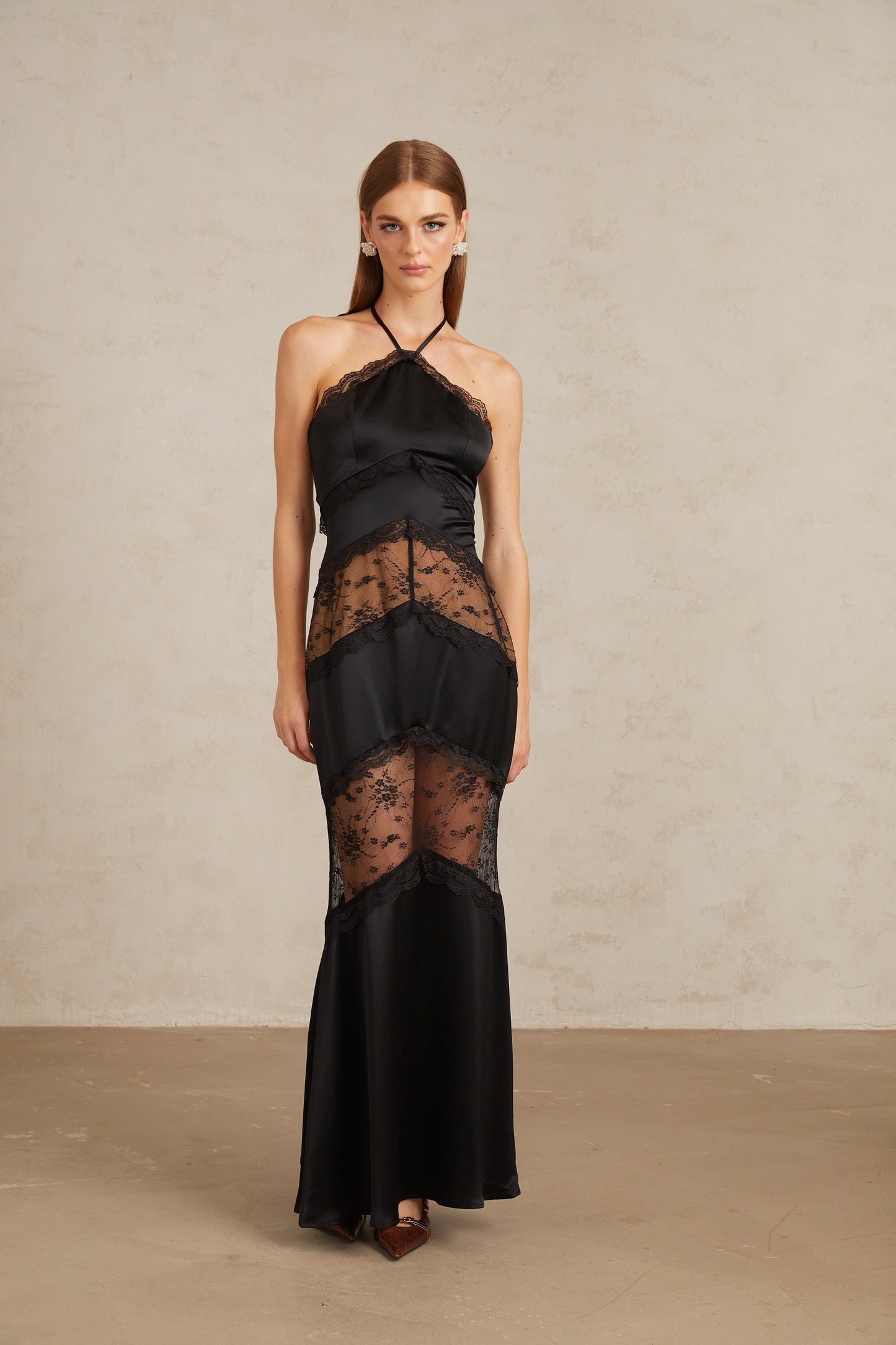 Anu Black Lace Panel Satin Maxi Gown