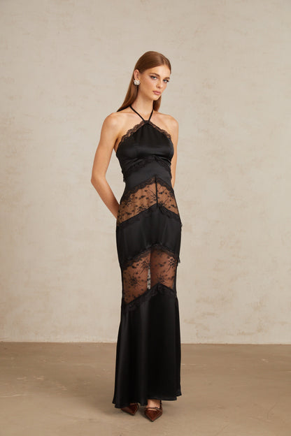 Anu Black Lace Panel Satin Maxi Gown