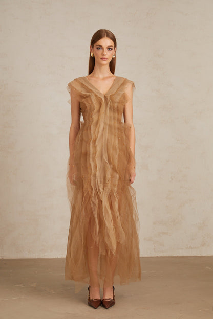 Céleste Brown Layered Tulle Maxi Gown