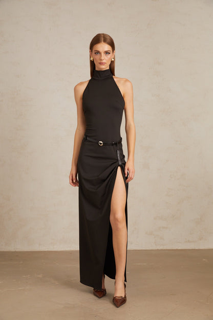 Uranie Black Gathered Halterneck Maxi Dress