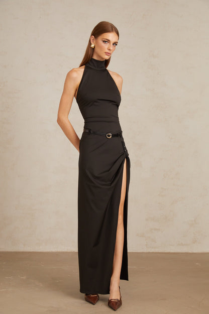 Uranie Black Gathered Halterneck Maxi Dress