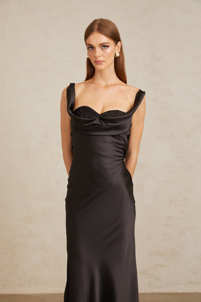 Ulla Black Corset Satin Maxi Dress