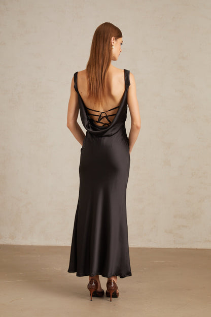 Ulla Black Corset Satin Maxi Dress