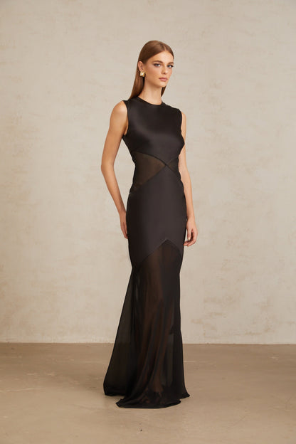 Siiri Black Tulle Panel Satin Maxi Gown