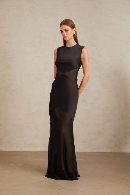 Siiri Black Tulle Panel Satin Maxi Gown