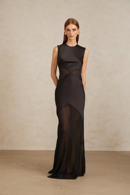 Siiri Black Tulle Panel Satin Maxi Gown