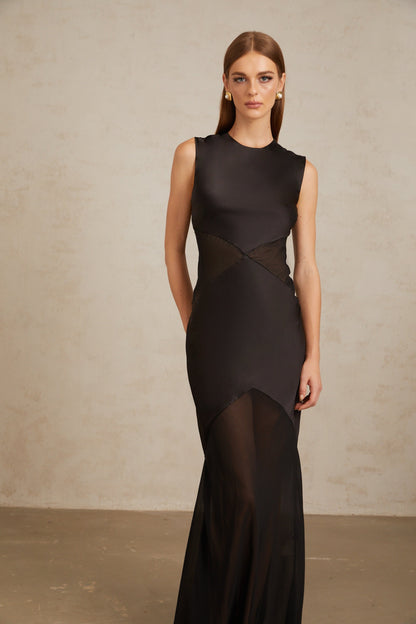 Siiri Black Tulle Panel Satin Maxi Gown