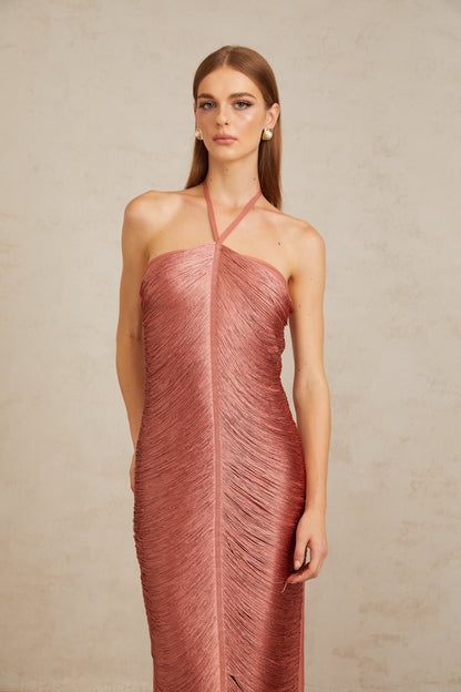 Polliana Pink Fringed Corset Maxi Gown