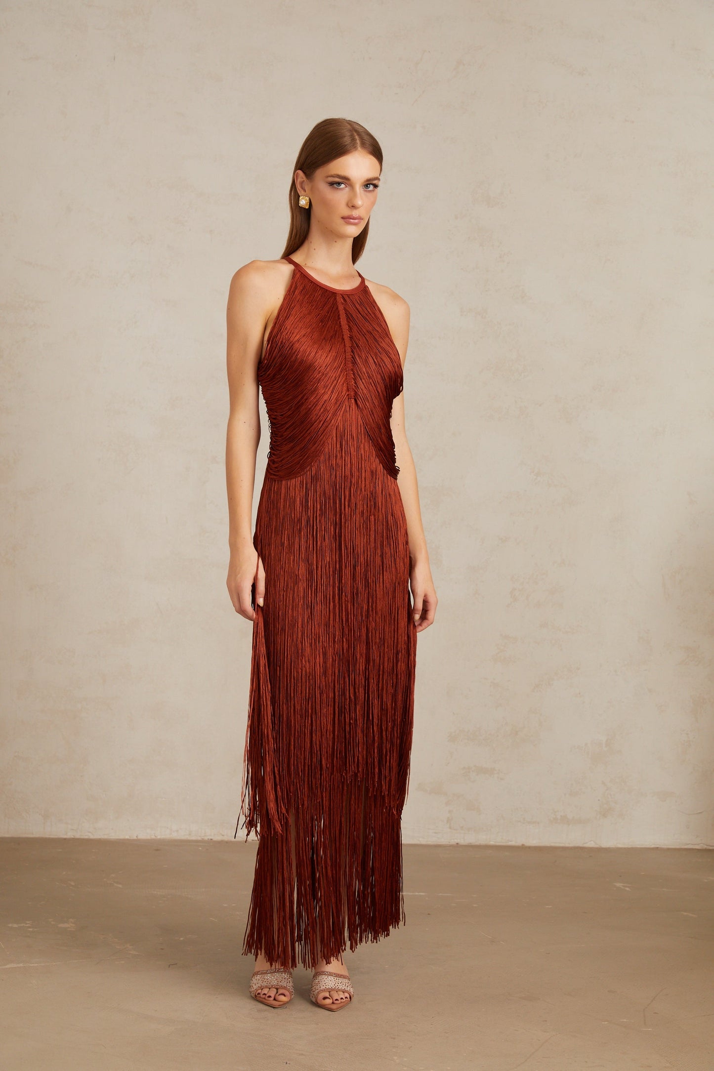 Mélisande Rusty Red Halterneck Fringed Maxi Gown