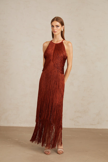 Mélisande Rusty Red Halterneck Fringed Maxi Gown