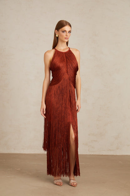 Mélisande Rusty Red Halterneck Fringed Maxi Gown