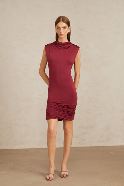 Aino Red Hooded Ruched Mini Dress