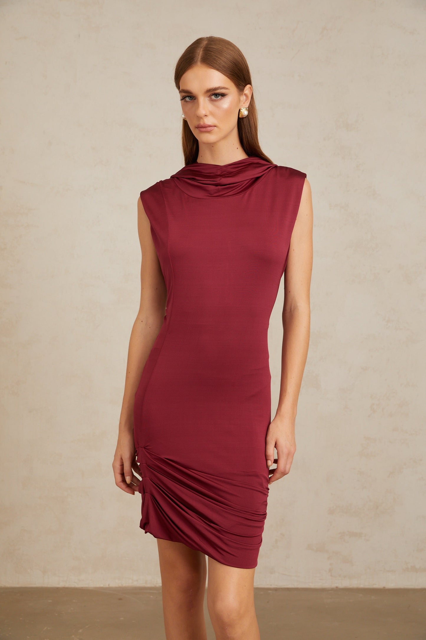 Aino Red Hooded Ruched Mini Dress