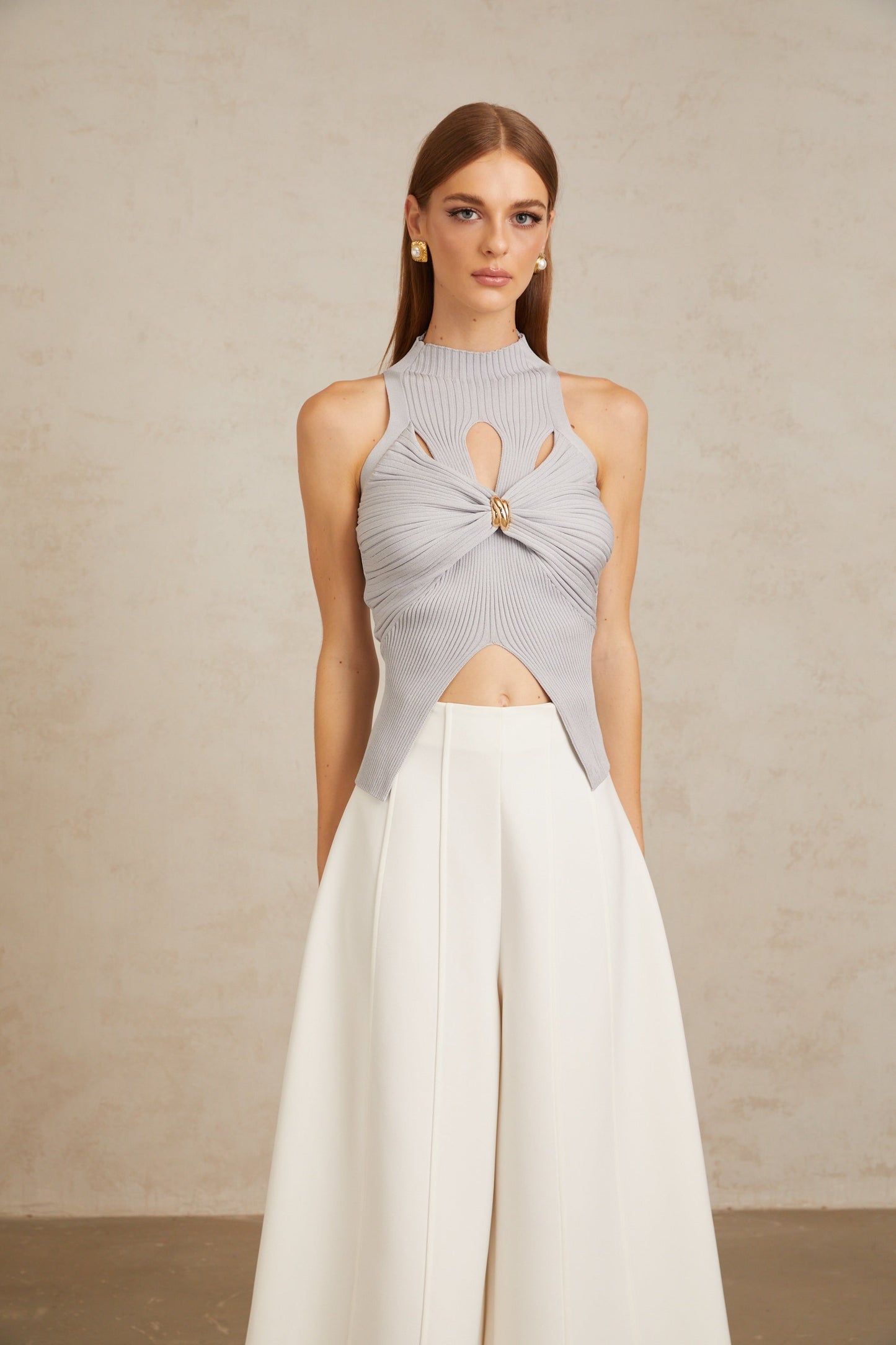 Jolivet Haze Blue Cutout Ribbed Knit Top