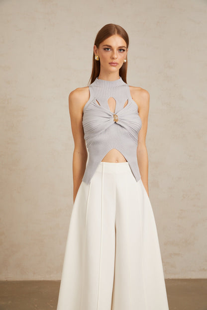 Jolivet Haze Blue Cutout Ribbed Knit Top