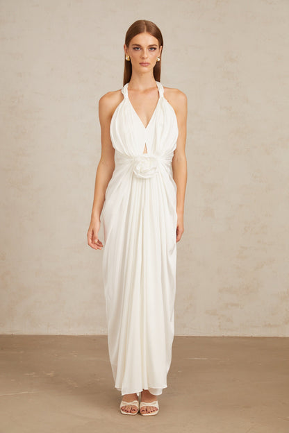 Anais White Gathered Floral Appliqué Maxi Gown