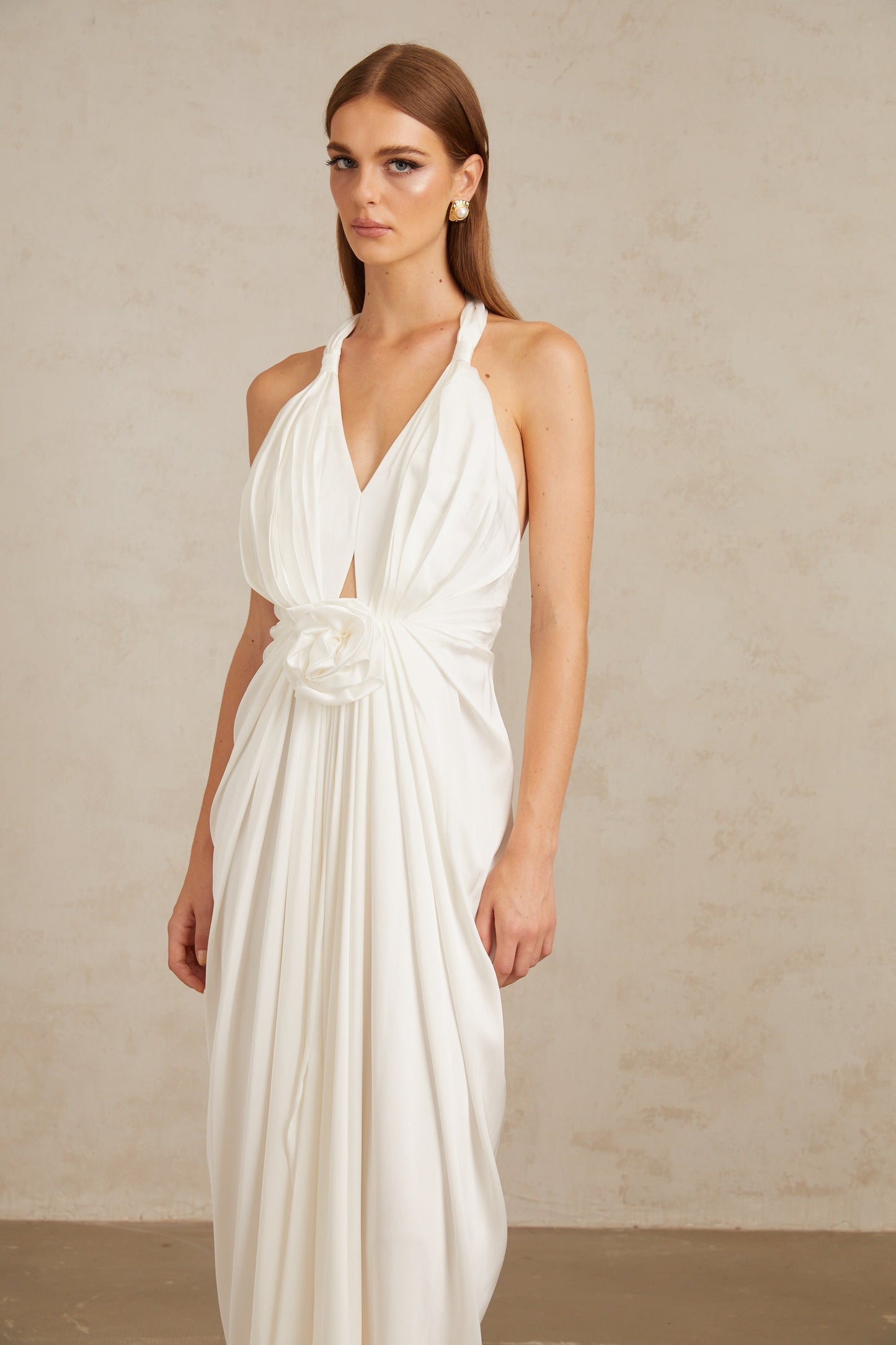 Anais White Gathered Floral Appliqué Maxi Gown