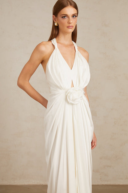 Anais White Gathered Floral Appliqué Maxi Gown