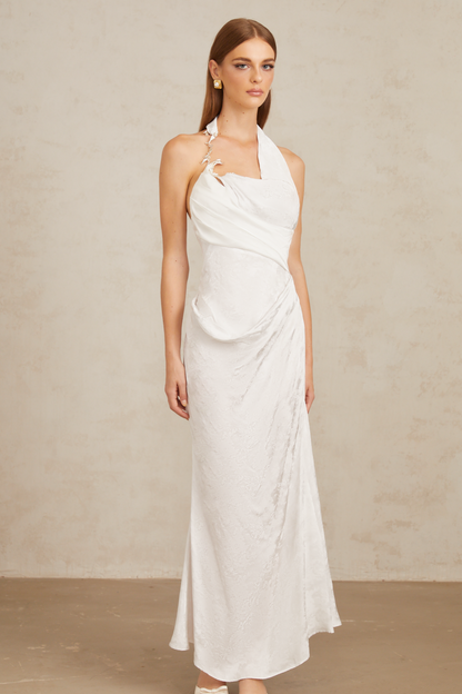 Marie White Ruched Jacquard Floral Maxi Dress