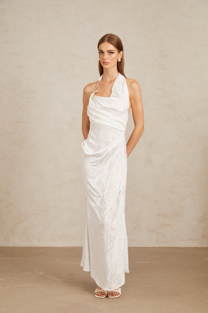 Marie White Ruched Jacquard Floral Maxi Dress