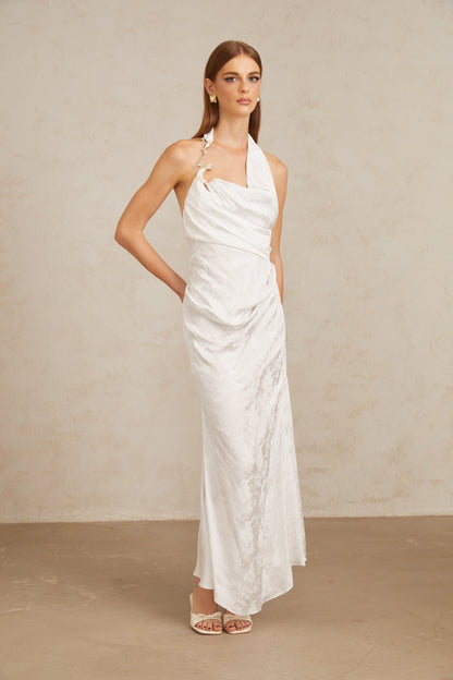 Marie White Ruched Jacquard Floral Maxi Dress