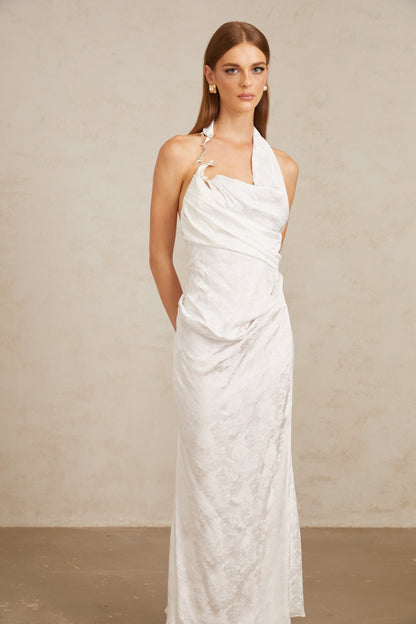 Marie White Ruched Jacquard Floral Maxi Dress