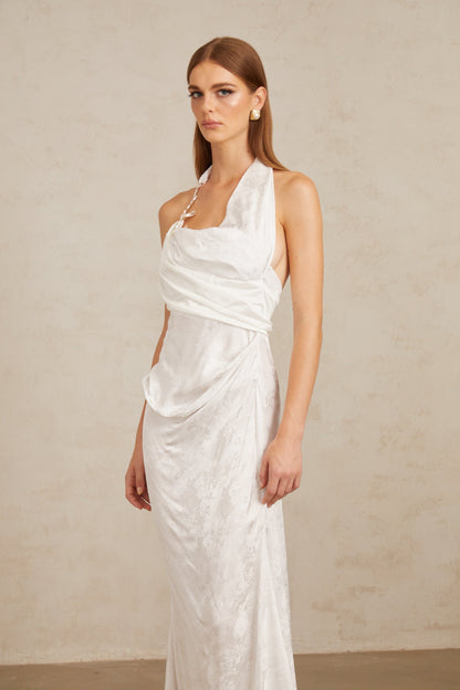 Marie White Ruched Jacquard Floral Maxi Dress