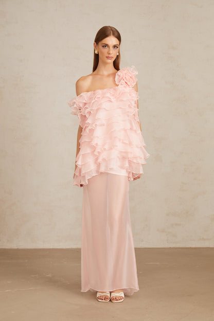 Rosalie Pink Layered Ruffled Floral Maxi Dress