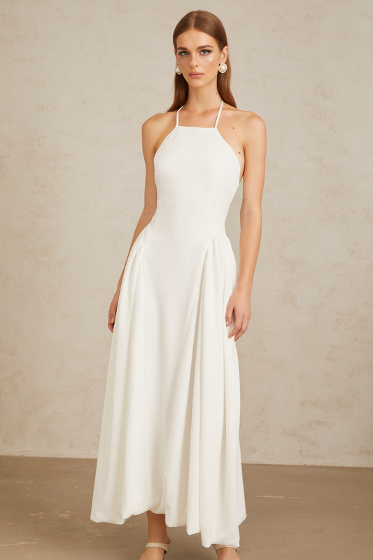 Aurore White Halterneck Textured Maxi Dress