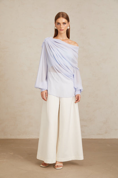 Léonie Blue Crystal Embellished Bowknot Chiffon Blouse