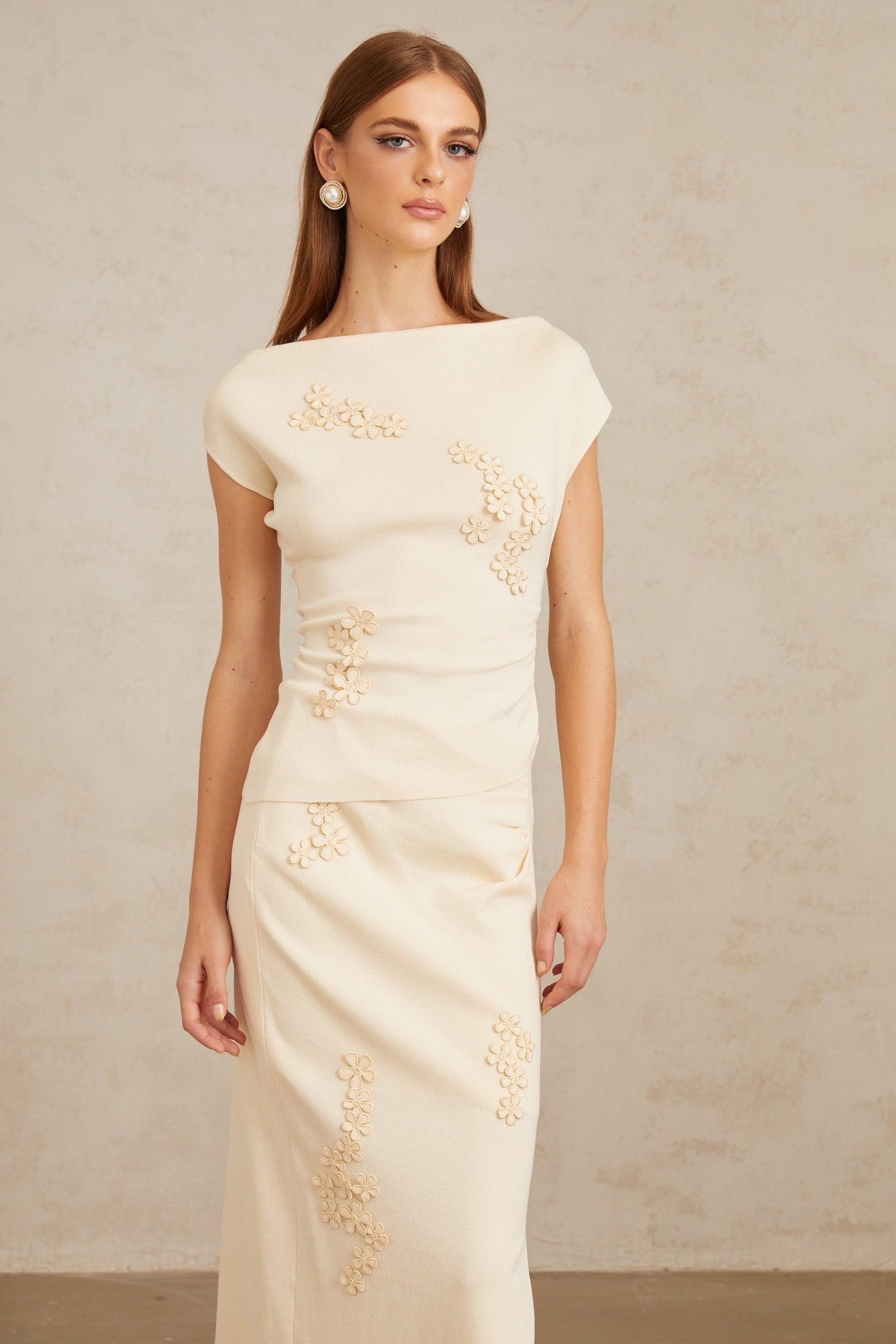 Étienne Neutral Floral Appliqué Knit Top & Skirt Set
