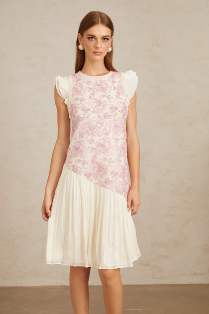 Charitina Pink Panel Floral Crochet Midi Dress
