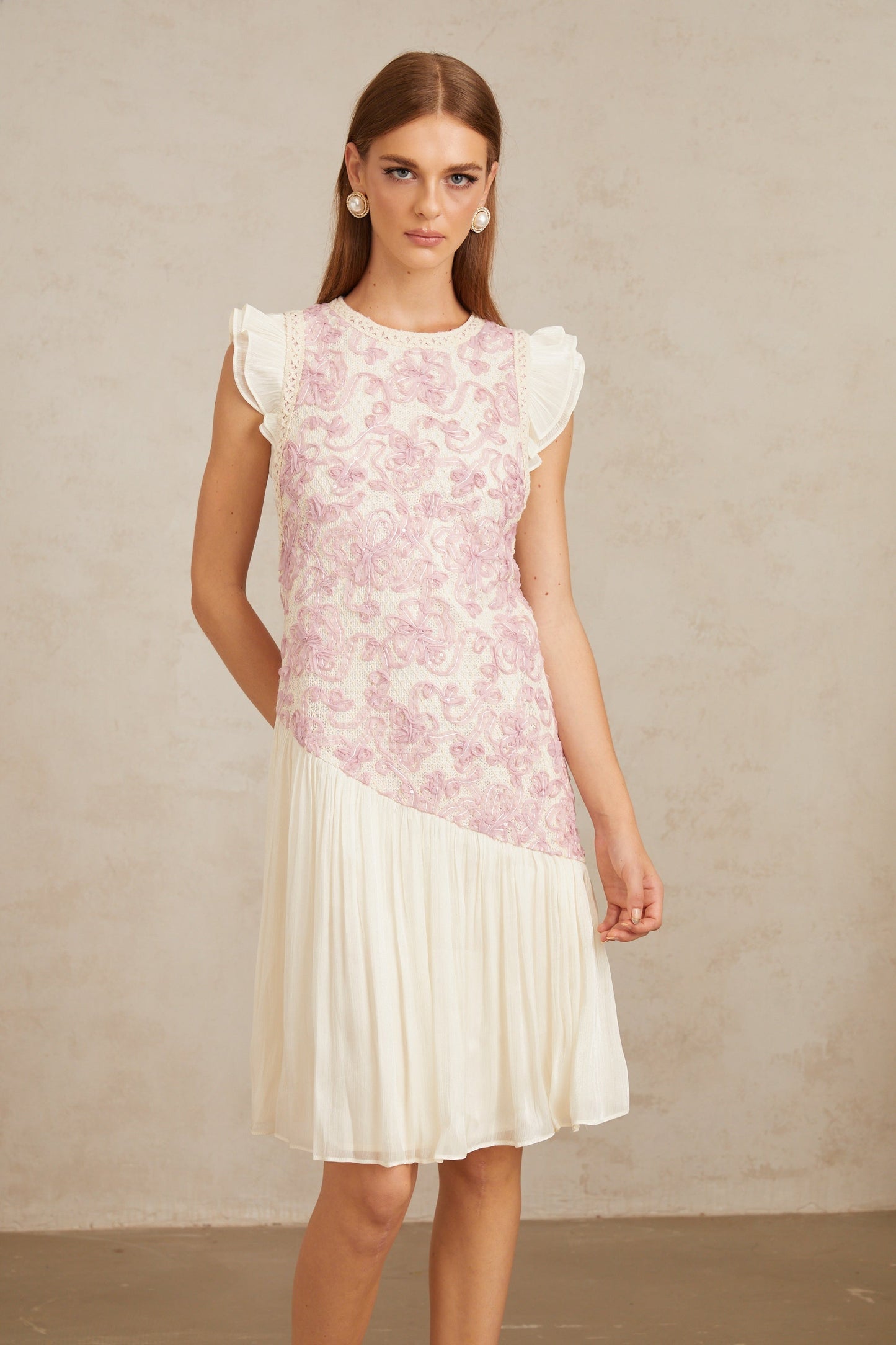 Charitina Pink Panel Floral Crochet Midi Dress