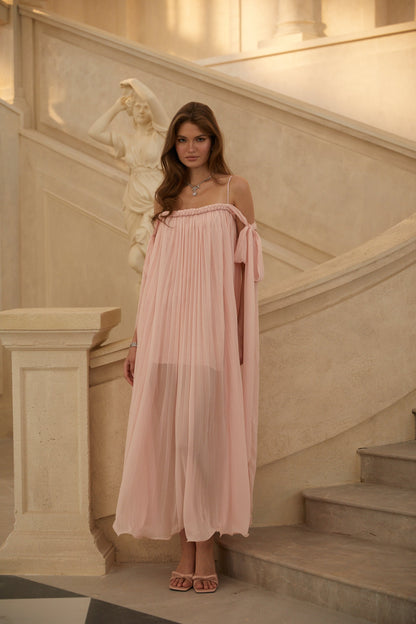 Agathe Pink Braid Detail Pleated Maxi Dress