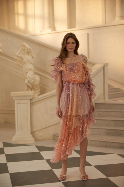 Éva Purple Gradient Floral Lace Midi Dress