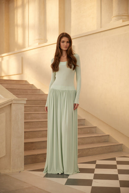 Campagne Green Open-Back Shirred Maxi Dress